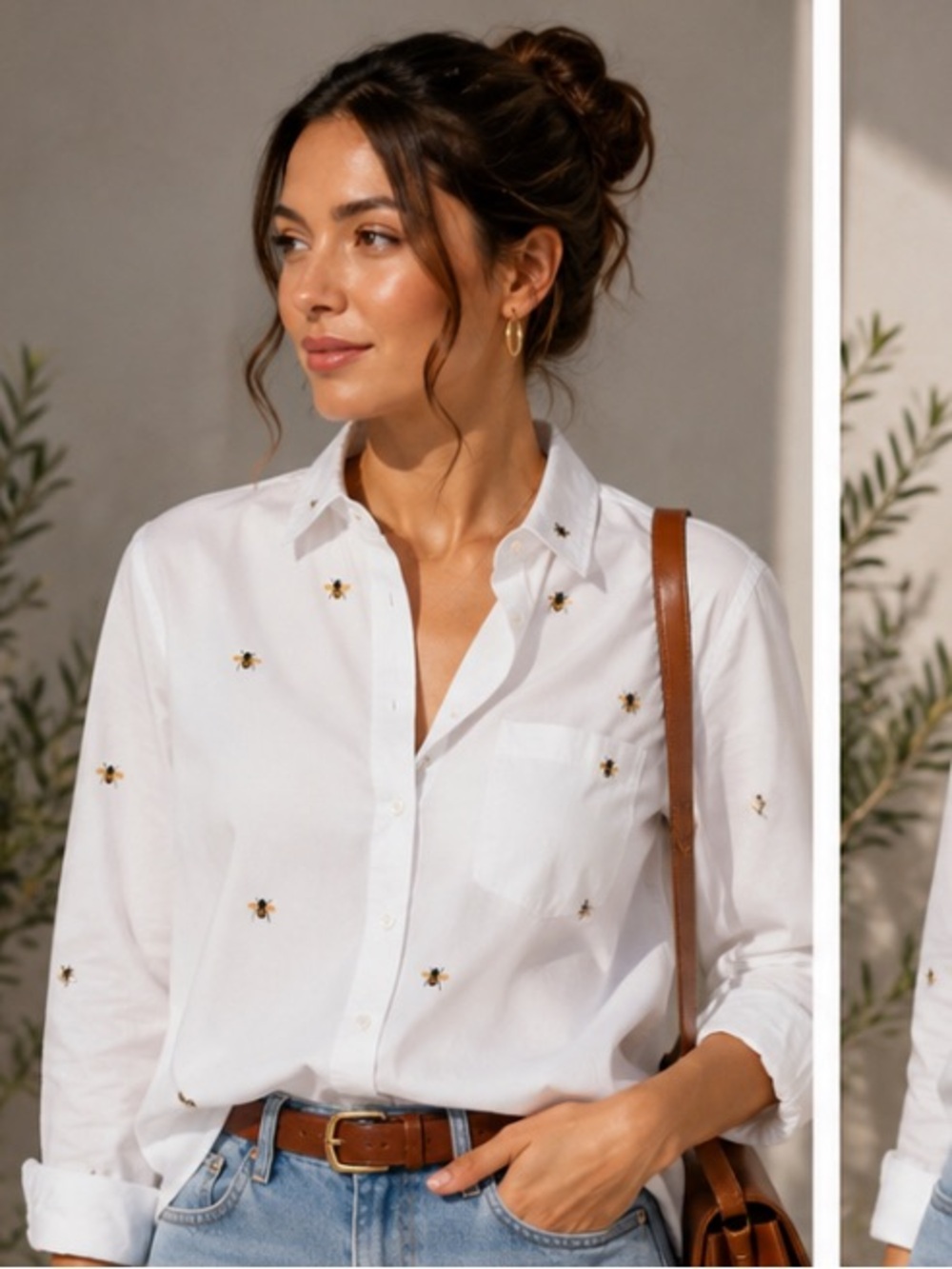 White Embroidered Bee Button-Up Shirt